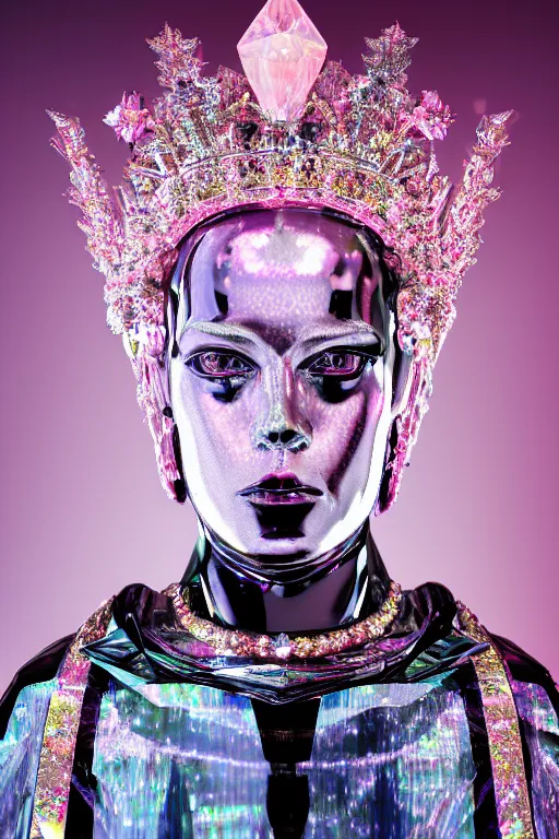 Image similar to hyper detailed ultra sharp portrait of baroque and bladerunner delicate glowing diamond sculpture of seductive muscular albino young king, pink diamond black metallic sphinx iridescent humanoid deity wearing black cloak holding a prismatic gem, glowing pink face, crown of white diamonds, cinematic lighting, photorealistic, octane render 8 k depth of field 3 d