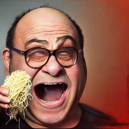 Image similar to hyperrealistic mixed media high resolution image of Danny DeVito screaming at a bowl of noodles, stunning 3d render inspired art by István Sándorfi and Greg Rutkowski and Unreal Engine, perfect symmetry, dim volumetric lighting, 8k octane beautifully detailed render, post-processing, extremely hyper-detailed, intricate, epic composition, highly detailed attributes, highly detailed atmosphere, full body shot, cinematic lighting, masterpiece, trending on artstation, very very detailed, masterpiece, stunning, flawless structure, lifelike texture, perfection,