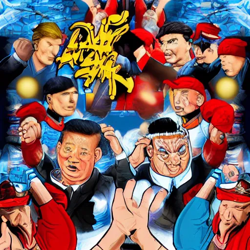 Prompt: xi jinping vs donald trump, street fighters, street fighter, fight, against, digital art, cartoon style