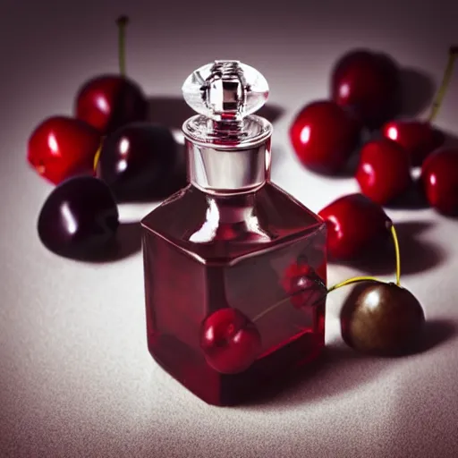 Image similar to perfume bottle and artistic dark red cherries, softly - lit, realistic, up close shot, white background, zen, light, modern minimalist f 2 0