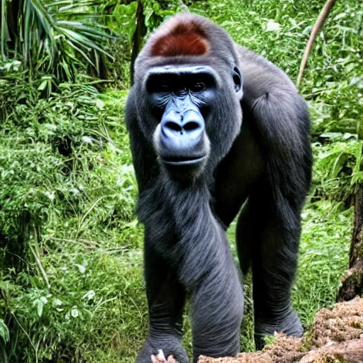 Image similar to gorilla with an elephant trunk in place of its nose, standing in the jungle