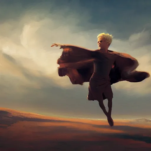 Image similar to blonde boy wearing a brown cape and flying in t pose, powerful, space background, oil painting, brush strokes, greg rutkowski