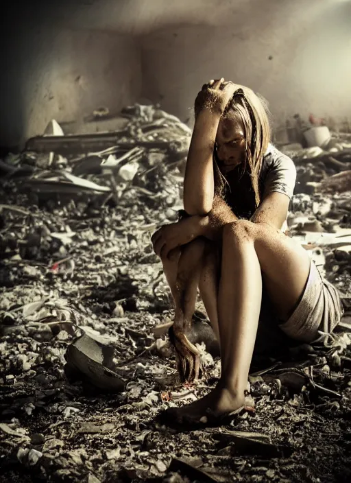 Image similar to award winning photograph of an young woman amongst rubble, sad face, dirt, dreamlike, low contrast, beatuful composition, 4k