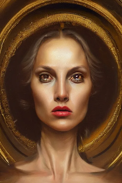 Prompt: hyper realistic painting portrait of carolena nericcio, occult diagram, elaborate details, detailed face, intrincate ornaments, gold decoration, occult art, oil painting, art noveau, in the style of roberto ferri, gustav moreau, david kassan, bussiere, saturno butto, boris vallejo