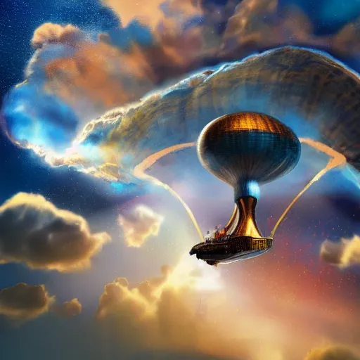 Image similar to big steampunk zeppelin flying in big fluffy clouds, cinematic light, epic scene, god rays, 8 k, high detailed ornaments, liquid marbling acrylic paint, sunset, magic hour, golden hour, strathosphere, nebula sky, milkyway