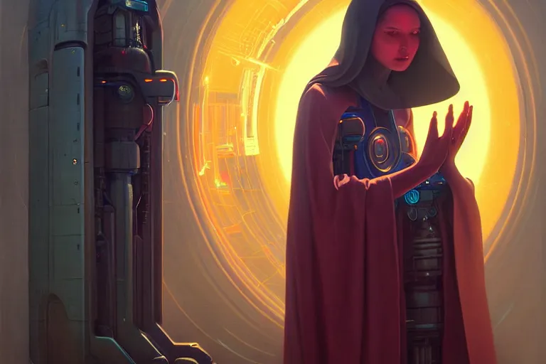 Image similar to patron saint 👩🏾 praying with machine, futuristic long robes clothing, worm hole, neon god of city character portrait, in the style of moebius, wlop, tom bagshaw, and waterhouse, cinematic lighting, beautiful, elegant, oil painting,