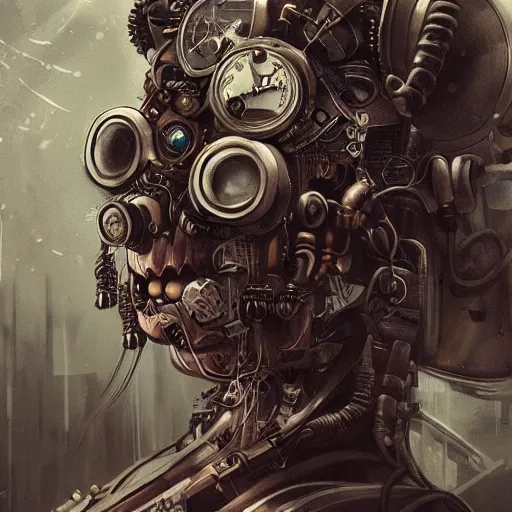 Prompt: portrait painting of a steampunk cyborg criminal, transhumanism, ultra realistic, concept art, studio ghibli, intricate details, eerie highly detailed