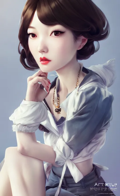 Image similar to a pin up and beautiful fashion charming dreamlke korea girl with lv jewelry, character art, art by artgerm lau and kyoung hwan kim and and ilya kuvshinov and john singer sargent, hyperdetailed, 8 k realistic, symmetrical, frostbite 3 engine, cryengine, dof, trending on artstation, digital art