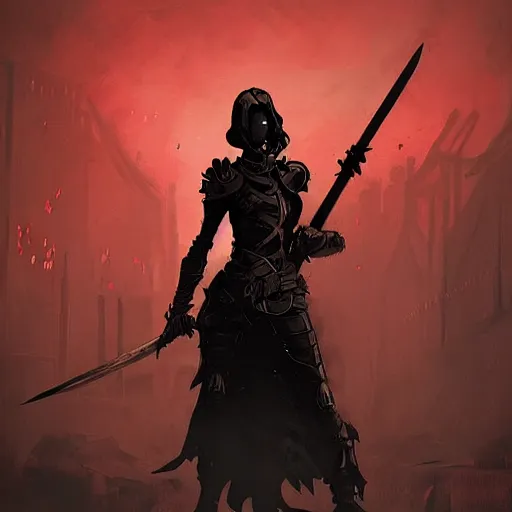 Prompt: girl in black armor holding a scythe as a Darkest Dungeon character, concept art, digital art, detailed, dark fantasy by Greg Rutkowski