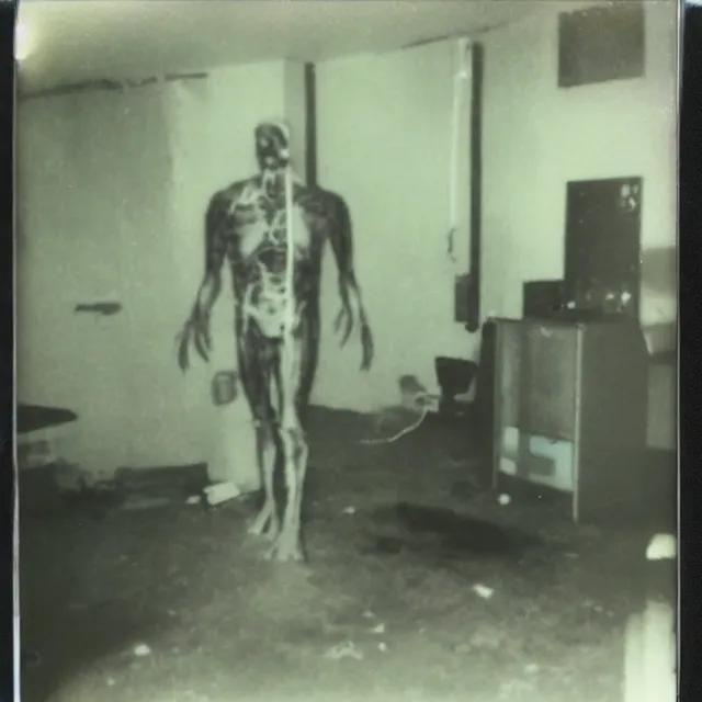 Image similar to found polaroid photo, flash, interior abandoned hospital, mutant creature standing