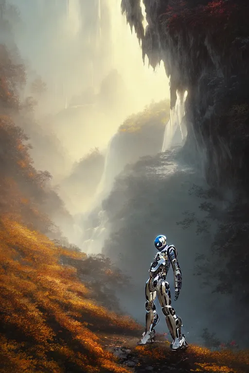 Image similar to detailed intricate digital illustration by greg rutkowski and artgerm and wlop and sanford robinson gifford ; sleek, chrome mech suit, standing with glimmering foggy waterfall in the background ; 1 3 mm film, arri alfa anamorphic lens ; sharp focus, golden hour lighting, mist ; trending on artstation 4 k ; close view