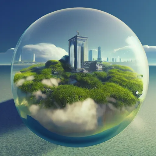 Prompt: miniature island with a skyscraper inside a bubble, floating on clouds, realistic 3 d render, unreal engine, solarpunk, maya, 8 k, smooth, sharp focus, octane, twilight