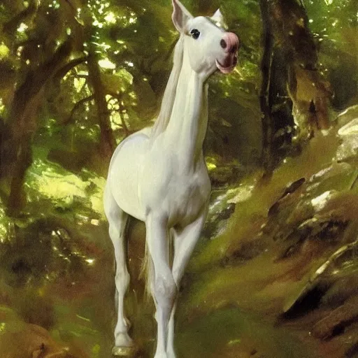 Image similar to A beautiful water painting of an elf Horse in the forest, John Singer Sargent