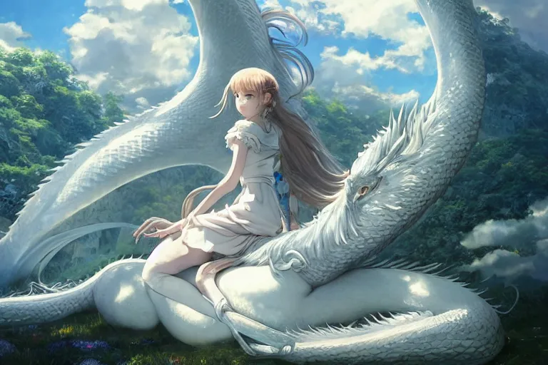 Prompt: the beautiful hyper detailed big scene render that a beautiful girl sitting on the back of a huge silver white dragon alone in fairyland surrounded by white clouds, finely detailed angelic face delicate features, style of studio ghibli, makoto shinkai, raphael lacoste, artgerm, karol bak, kazuki tanahashi, james jean, ross tran, ultra wide angle