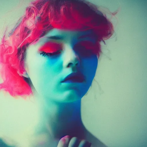 Image similar to a photo of a beautiful woman. moody and melanchonic. with a little bit of cyan and pink