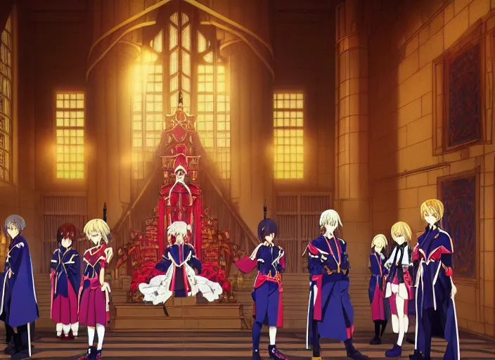 Image similar to key anime visual portrait of a castle's main hall interior with throne, servants, nobles, designed by mika pikazo, dynamic pose, dynamic perspective and angle, cinematic, film grain, detailed, intricate, at night, dramatic lighting, colorful, vivid