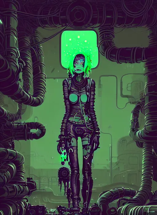 Prompt: highly detailed portrait of wasteland punk long dripping green poison hair tribal lady, stray wiring by atey ghailan, james gilleard, by joe fenton, by greg rutkowski, by greg tocchini, by kaethe butcher, 4 k resolution, gradient purple, brown and black and white color scheme!!! ( ( green flaming robotic sewer background ) )