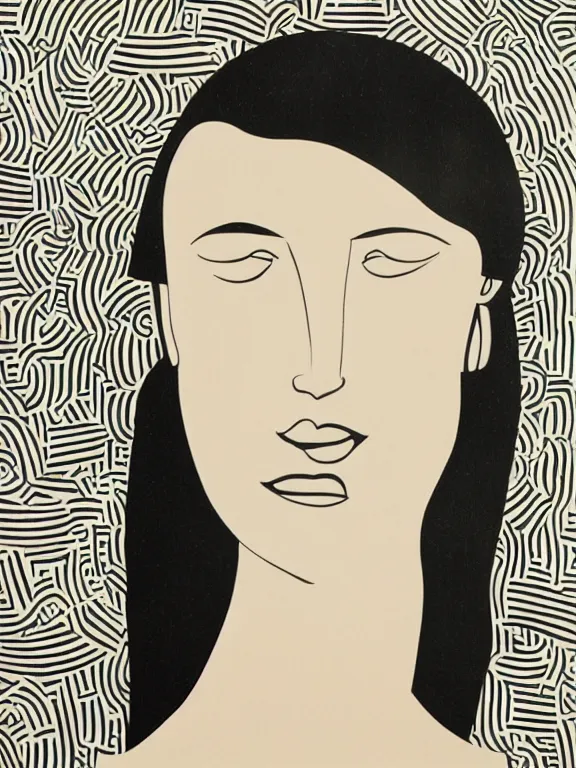 Prompt: the Brazilian Modern Art Week poster. The poster style is modernism and the details are minimal. The poster features a black and white image of a woman's face. The woman has her hair pulled back in a bun and she is wearing a pearl necklace. Her expression is one of contentment and serenity. The background of the poster is a light beige color, modernism, cubism, minimalism, designed by George Condo