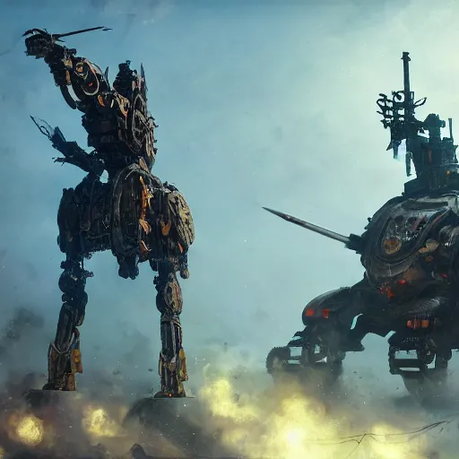 Image similar to gigantic bipedal humanoid war machine standing in a battlefield, steam punk, 70's sci-fi, in the style of Fenghua Zhong and Ruan Jia and Jermy lipking and peter mohrbacher, mystic colors, highly detailed, deep aesthetic, 8k, highly ornate intricate details, cinematic lighting, rich colors, digital artwork, ray tracing, hyperrealistic, photorealistic, cinematic landscape, trending on artstation,