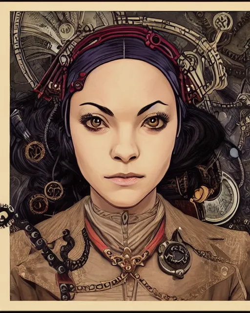 Image similar to a detailed portrait illustration of a steampunk wizard. attractive black asian female face, alluring expression. looks like christina ricci and winona ryder. art nouveau, pop art, comic book style. influenced by neil gaiman, h. p. lovecraft, dan mumford, brian froud, vadim voitekhovitch, killian eng, ross tran.