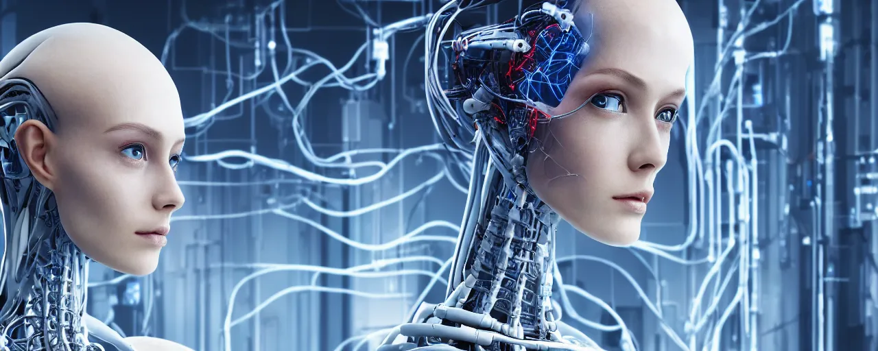 Prompt: photographic shot of a beautiful young android woman looking into the distance, human face and biomechanical muscles and tendons and bones, cables, tubes, incredibly detailed internal mechanism with lots of bright blue microcircuits, natural light falling on her face, focus on her face, cyberpunk, westworld style, medium shot, by annie leibowitz, automated cyberpunk android building lab
