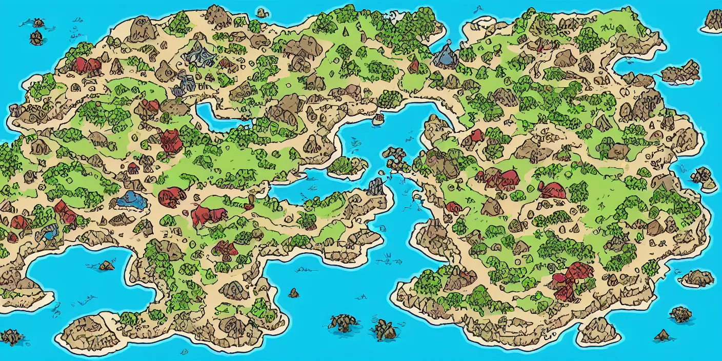 Prompt: a rpg map with continend in colored big regions surrounded by ocean detailed, flat colors and strokes