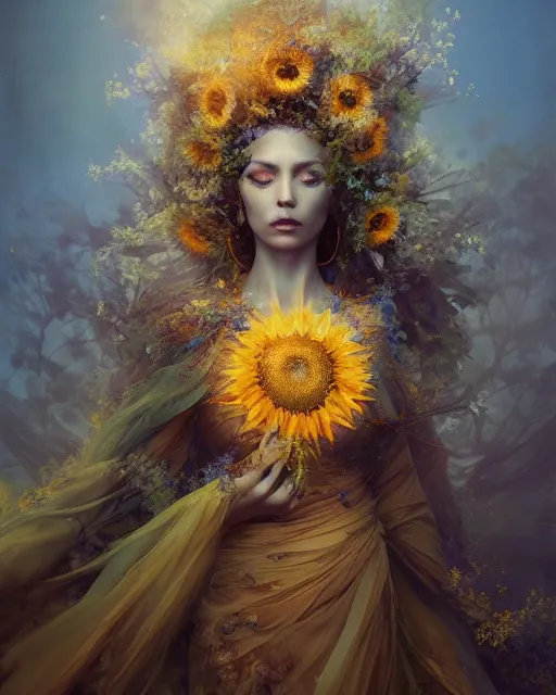 Prompt: Full View Portrait Mystical ethereal sunflower deity wearing beautiful dress, sunflower Dryad beautiful dress, 4k digital masterpiece by Greg Rutkowski and Ruan Jia and rossdraws, Alberto Seveso, fantasycore, Hyperdetailed, realistic oil on linen, soft lighting, Iconography background, featured on Artstation