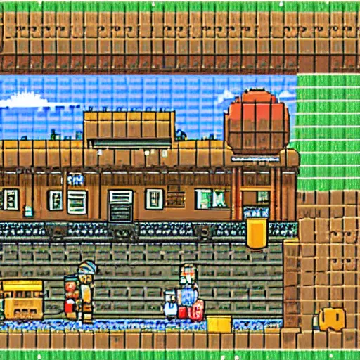 Image similar to a lazy miner, train station background, 8 - bit pixel art. cute. by studio ghibli