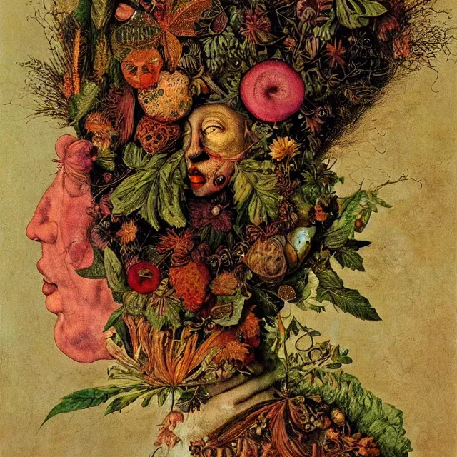 Prompt: profile portrait of a woman, leaves, by giuseppe arcimboldo,, psychedelic, surreal, sci - fi, dreamlike.