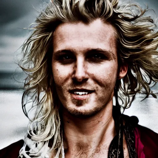 Prompt: portrait photo of a dirty short messy hair blonde irish pirate, clean shaven, cinematic shot, sigma lens, smiling