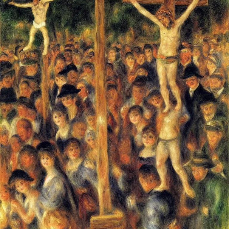 Image similar to A Holy Week procession of souls in a lush Spanish landscape at night. A figure at the front holds a cross. Pierre-Auguste Renoir (1880).