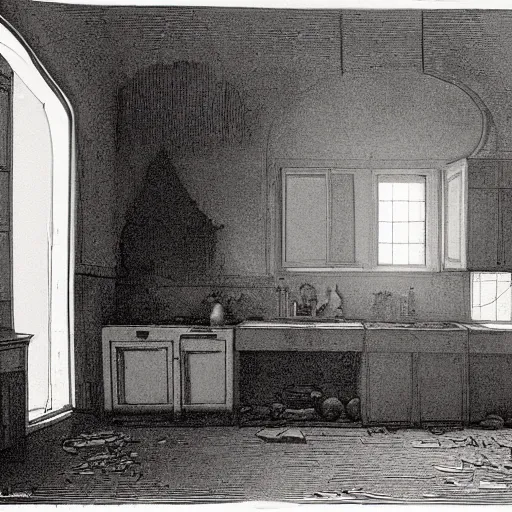 Image similar to kitchen of an abandonded house, illustration by Gustav Doré, Chiaroscuro, dramatic light