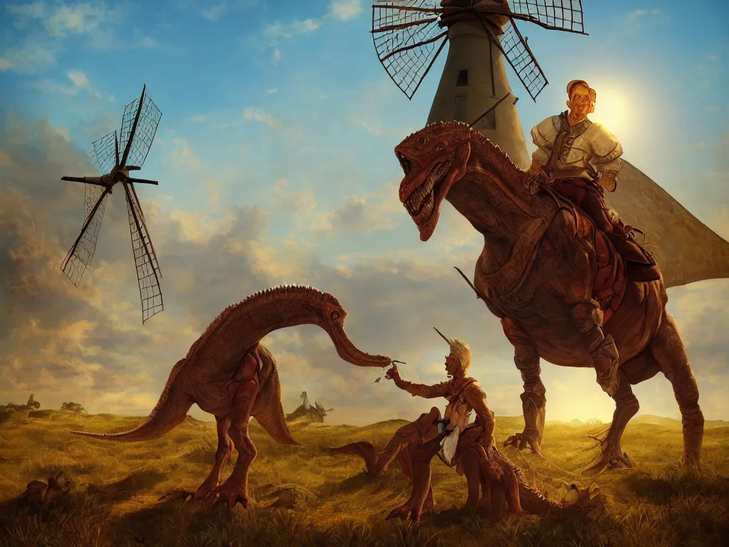 Image similar to portrait of don quixote sitting on a dinosaur in front of a windmill, summer, sun in the zenith, digital art, highly detailed, stunning scene, 4 k, realism, bright colors, trending on artstation