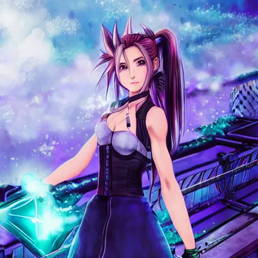 Image similar to final fantasy vii 7 aerith aeris, sci fi fantasy, blue pink green, night industrial environment