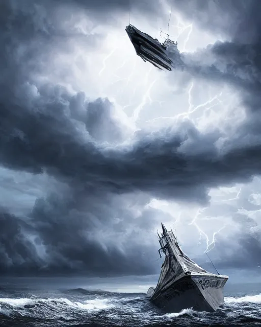 Image similar to a fishing boat on stormy seas, a gigantic star destroyer spaceship flying overhead, the star destroyer spaceship is emerging from storm clouds, stormy weather, lightning, dusk, dramatic lighting, unreal engine, hyper realism, realistic shading, cinematic composition, realistic render, octane render, detailed textures, photorealistic, ultrawide shot, 1 6 mm lens