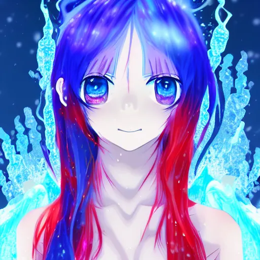 Image similar to glitched and crack sensor, advanced digital anime art, a very cute gorgeous teenage girl with a body made of fire and ice wearing a dress made of water , full body, very long snow colored hair, sky blue highlights in hair, red fiery watery eyes, full round face, dramatic cinematic lighting, highly intricately detailed, trending on pixiv, Artstation, painted by Rossdraws and the style of Sakimimichan