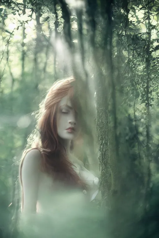 Image similar to beatiful elf princess in a secret forest, 3 / 4 chest view, hair jewellery, fully clothed, light mist, light rays sieving through the trees, shallow depth of field, by yuumei