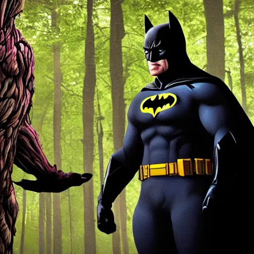 Image similar to batman meets groot in the woods digital art 4 k detailed super realistic