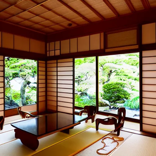 Image similar to inside a cozy wooden Japanese house with a indoor koi pond, bonsai trees, stream flowing through the house, unseen marine life, golden hour, peaceful, calm, atmospheric