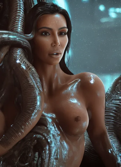 Image similar to film still of kim kardashian being licked by an xenomorph slathered in a transparent alien liquid, wet flowing hair, gooey skin, illustration, unreal engine 5, 8 k, directed by h. r. giger.