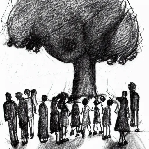 Prompt: a group of people in a park staring up at a gigantic tree, pencil sketch, black and white
