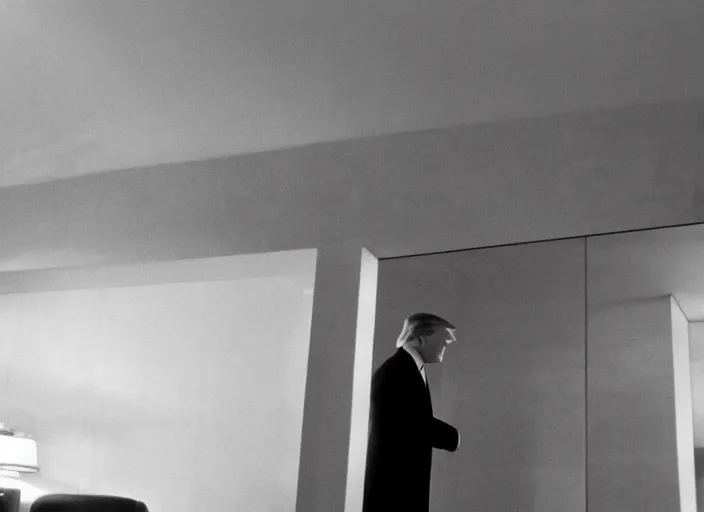 Image similar to screenshot cinematic wide shot from moody scene of Donald Trump pensive in trump tower apartment, from the film High and Low, 1963 directed by Akira Kurosawa, kodak film stock, black and white, anamorphic lens, 4K, detailed, stunning cinematography and composition shot by Takao Saito, 70mm