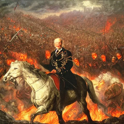 Image similar to Joe Biden leads the armies of hell, oil on canvas, 1883