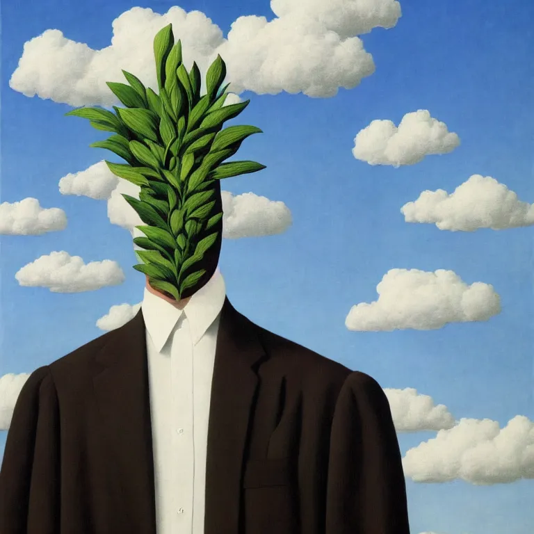 Image similar to portrait of a faceless beautiful flower - head man in a suit, clouds in the background, by rene magritte, detailed painting, distance, middle centered, hd, hq, high resolution, high detail, 4 k, 8 k