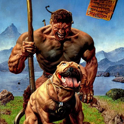 Image similar to grinning hybrid [ staffordshire terrier and man ] barbarian, fantasy warrior, drooling, rule of thirds, ultra detailed, 4 k, style of norman rockwell, style of richard corben.