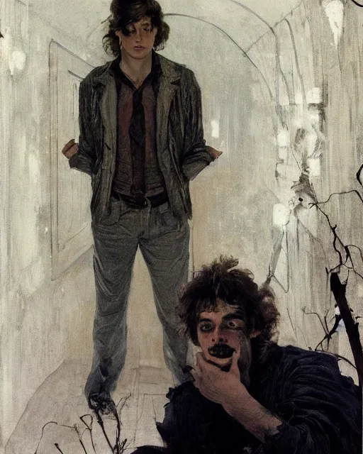 Image similar to two handsome but creepy siblings in layers of fear, with haunted eyes and wild hair, 1 9 7 0 s, seventies, wallpaper, a little blood, moonlight showing injuries, delicate embellishments, painterly, offset printing technique, by coby whitmore, jules bastien - lepage