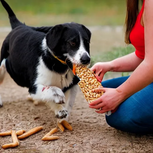 Image similar to dog with a human leg being fed wheat snacks