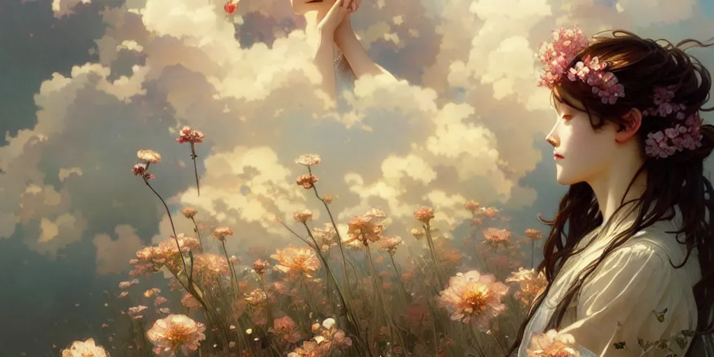 Image similar to a beautiful illustration of flowers and clouds, intricate, sharp focus, illustration, highly detailed, digital painting, concept art, matte, art by wlop and artgerm and greg rutkowski and alphonse mucha, masterpiece