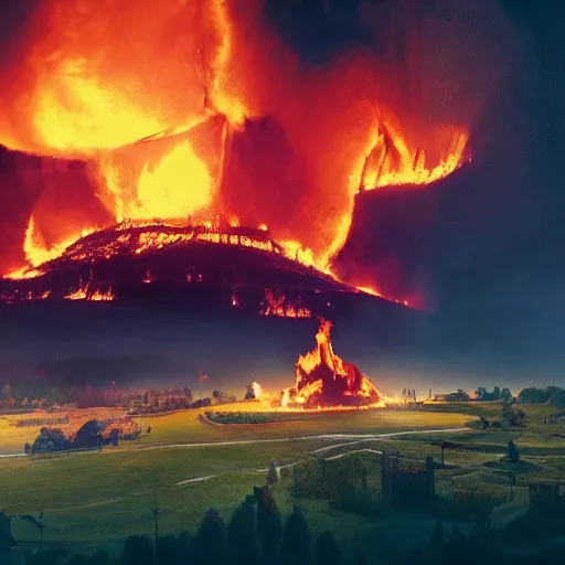 Image similar to a royal grand medieval castle on fire, on top of a hill, birds eye view from a distance, intense smoke, burning down, intense flames, center focus, landscape by simon stalenhag, rendered by beeple, by makoto shinkai, digital art