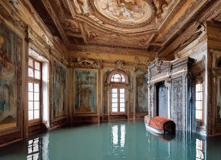 Image similar to a renaissance castle room flooded with water,